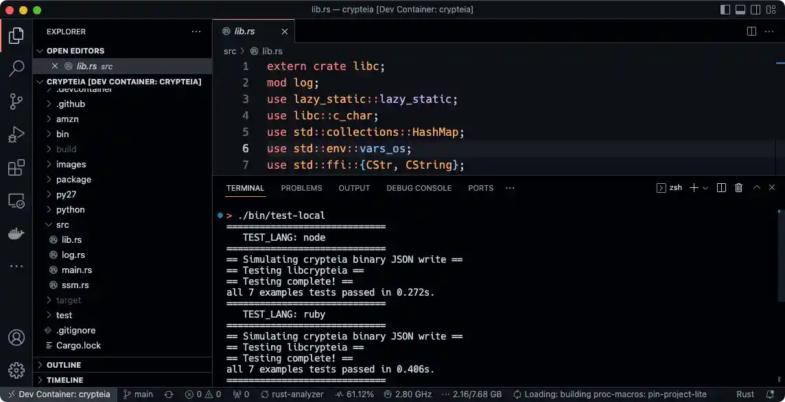 VS Code window with the Crypteia project open in a dev container. Shown too are the tests running.