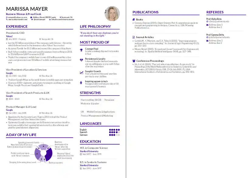 Marissa Mayer's résumé, re-created with AltaCV