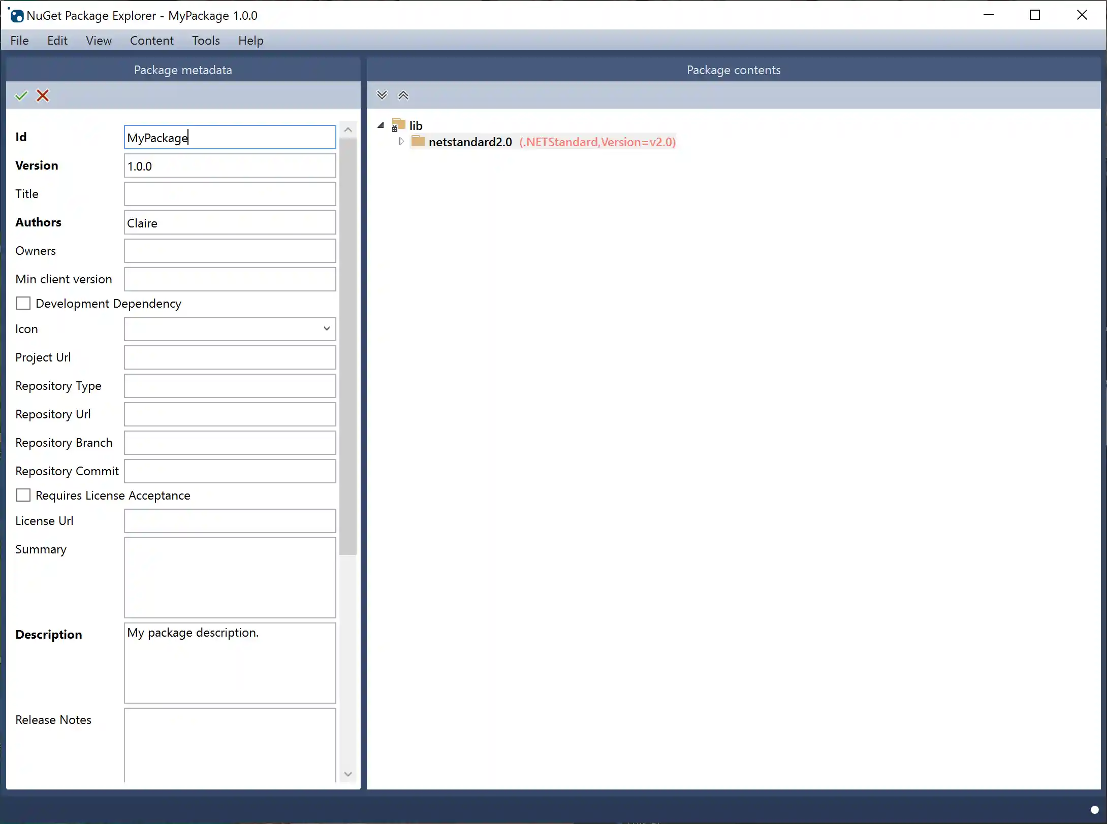 Editing package metadata with the Package Explorer