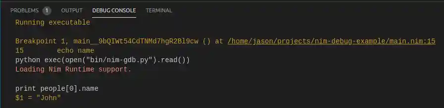 debug console showing variable contents
