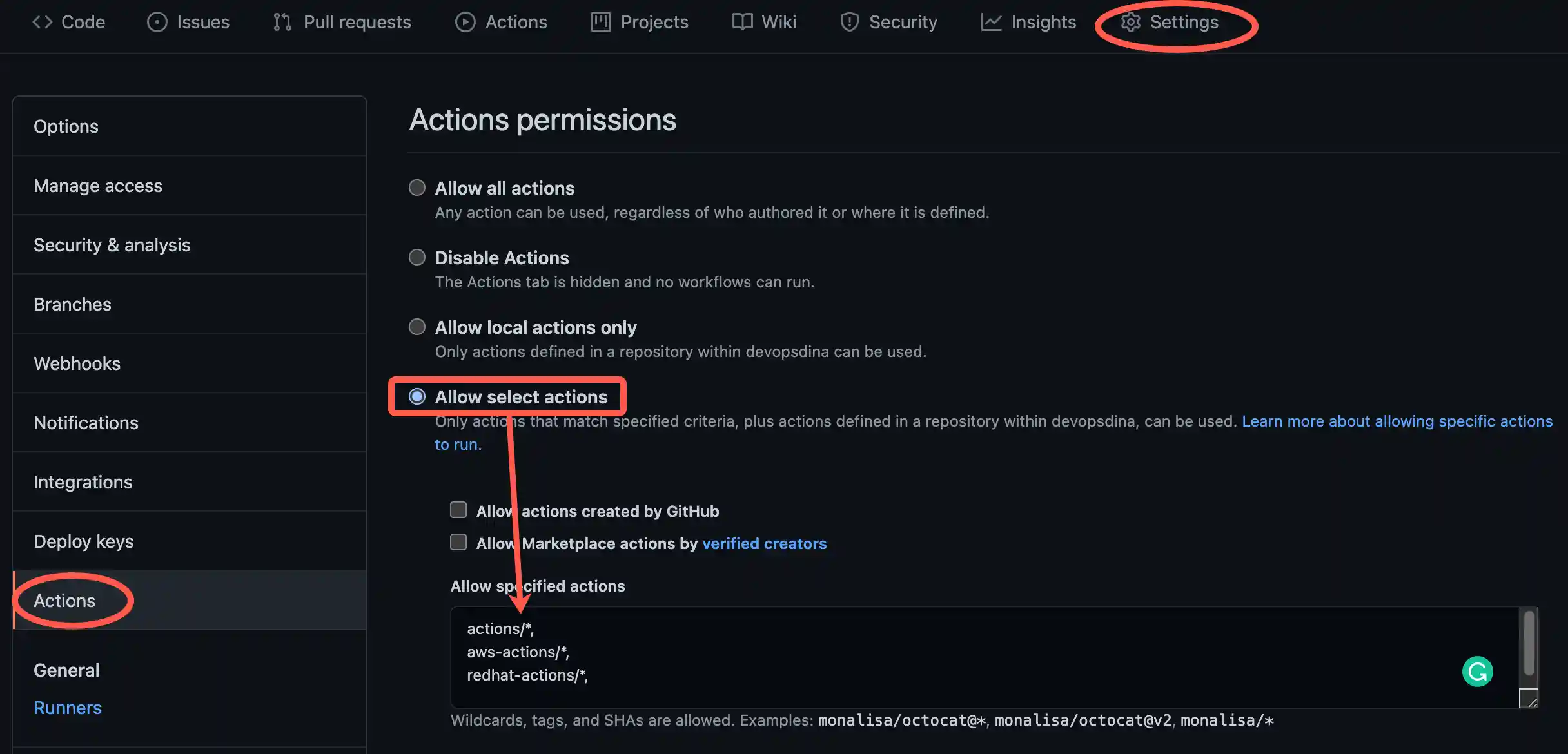 allow select actions