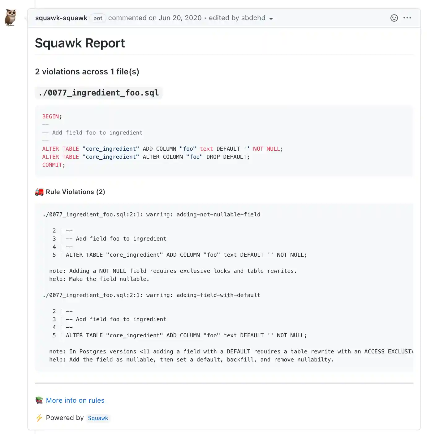 Example Squawk PR Comment