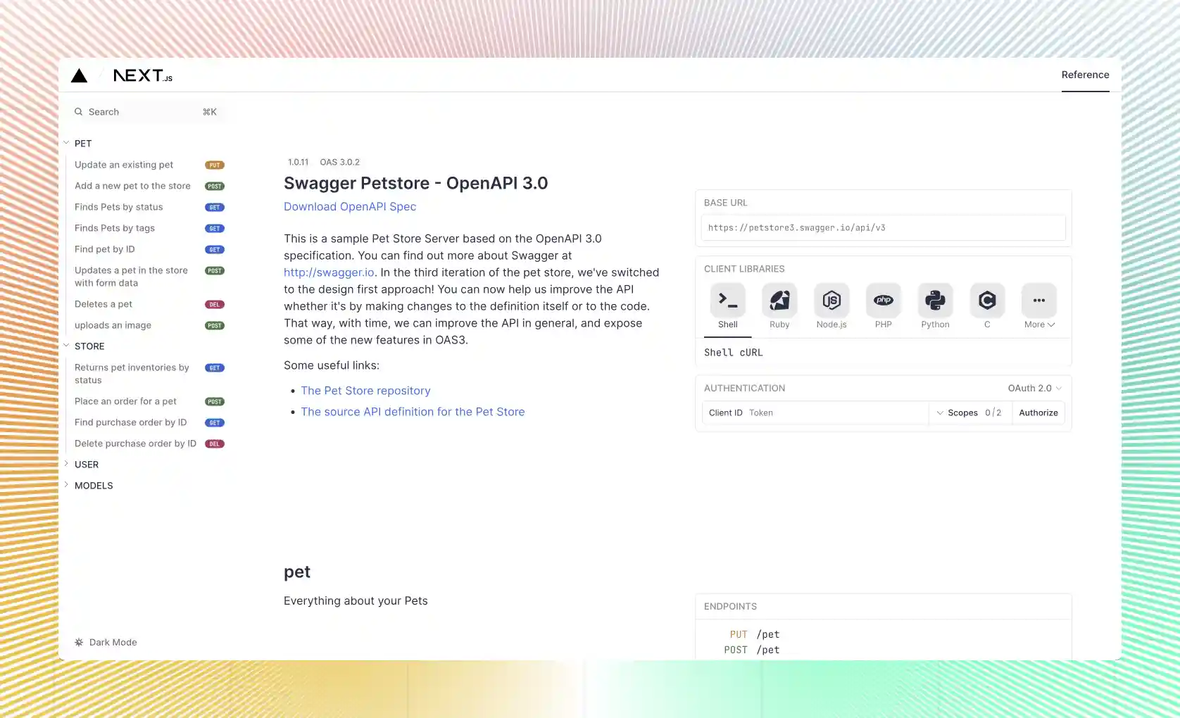 Screenshot of an API Reference