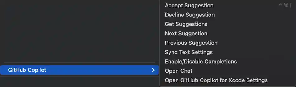 Screenshot of Xcode Editor GitHub Copilot menu item