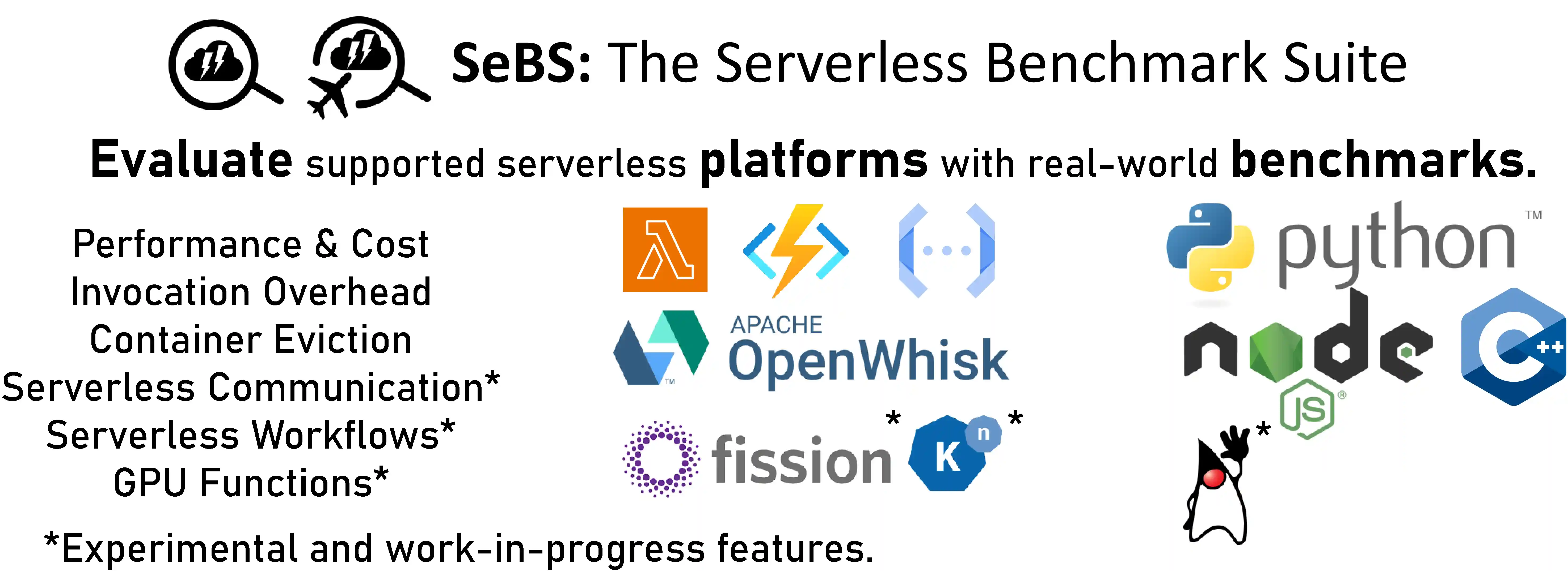 Overview of SeBS features and components - experiments, platforms we support, and programming languages.