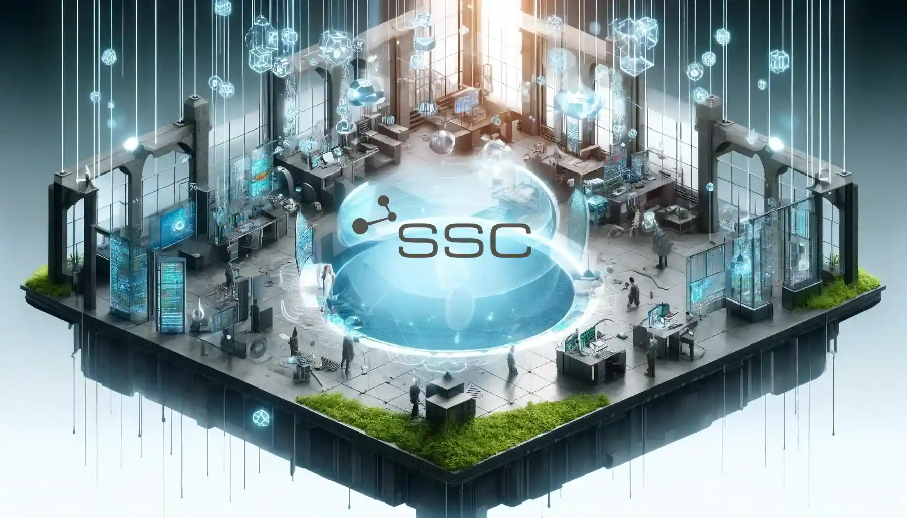 The image portrays a futuristic, floating office environment with a modern architectural design, highlighted by digital interfaces and data streams. The setting includes minimal moss accents and technical visual elements like code snippets and network diagrams, symbolizing open source connectivity. The office floats in a digital space without physical boundaries, creating an impression of innovation and advanced technology. No people are present in the scene.