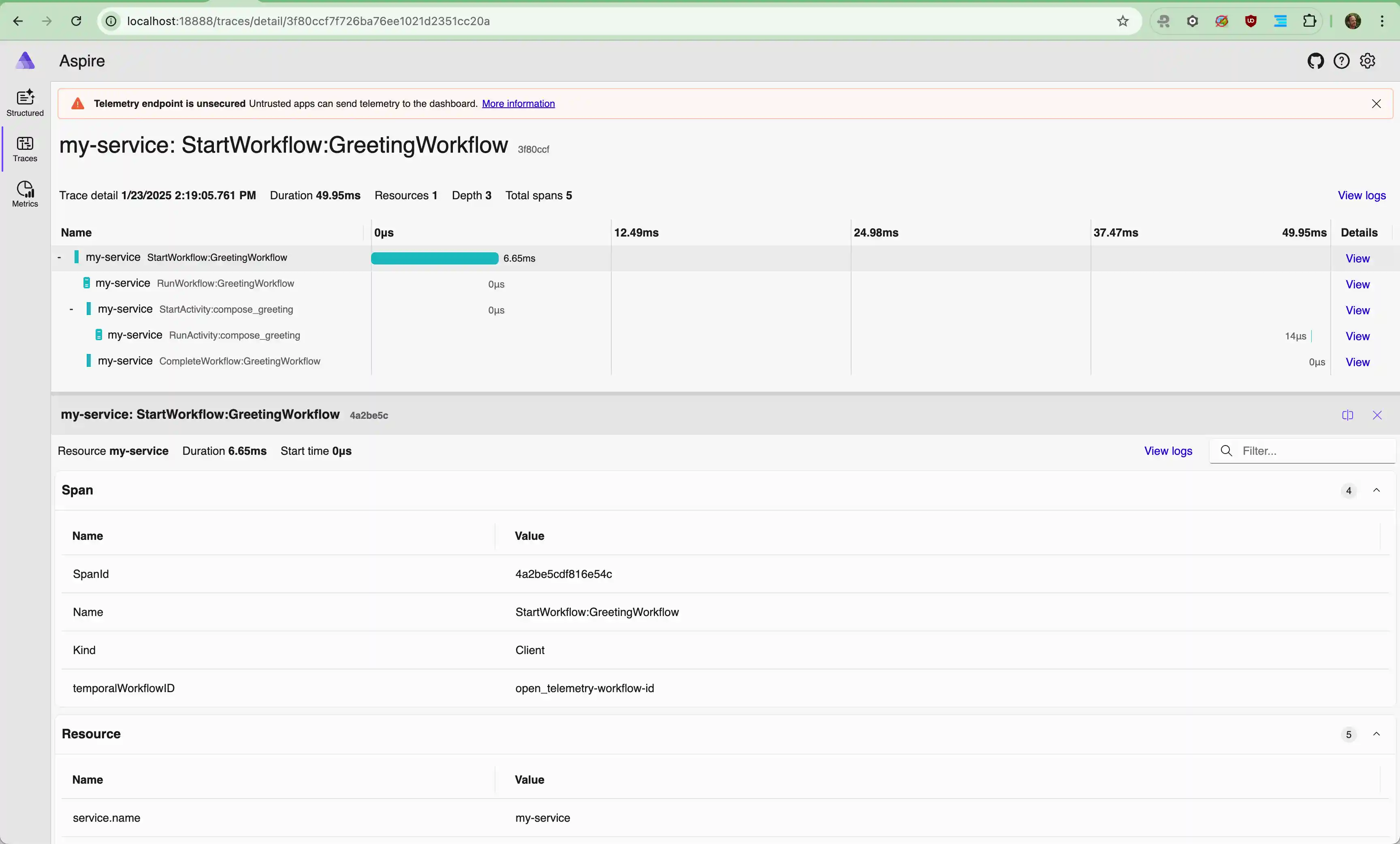 Aspire traces screenshot