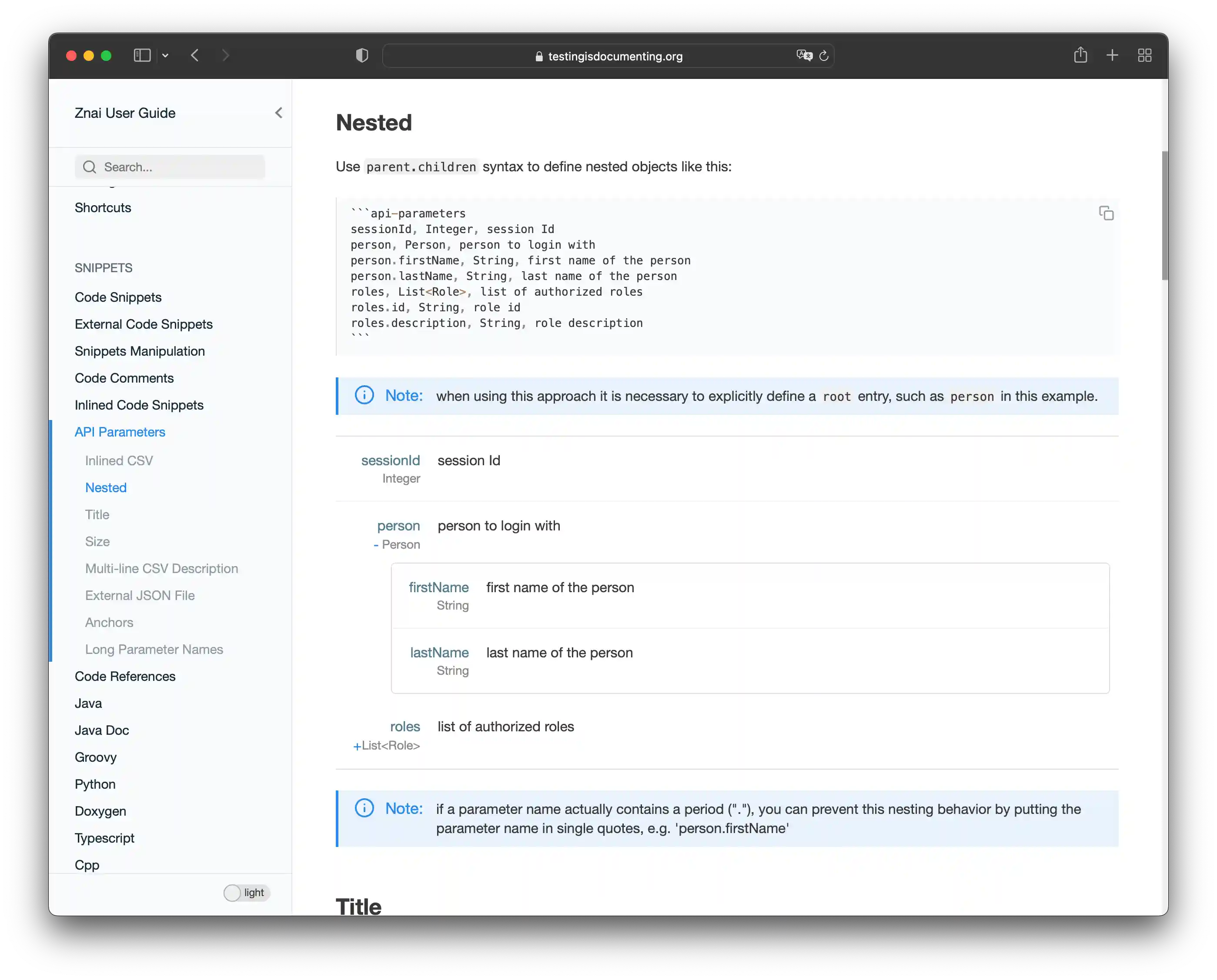 generated site example of api params