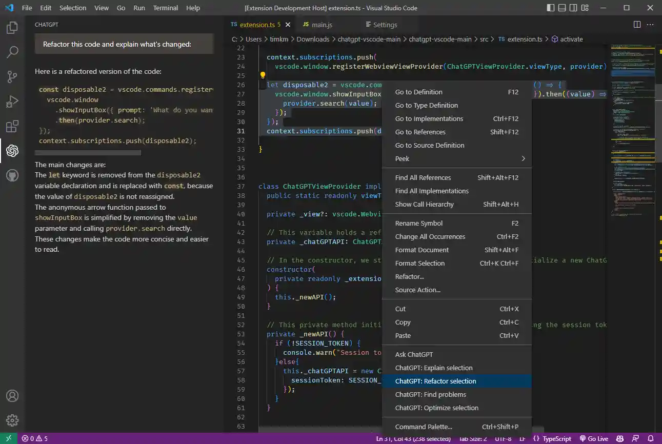Refactoring selected code using chatGPT