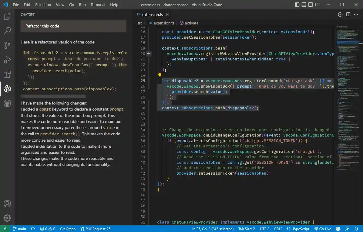 chatGPT explaining selected code