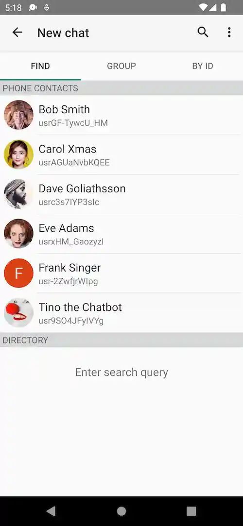 App screenshot - searching for contacts
