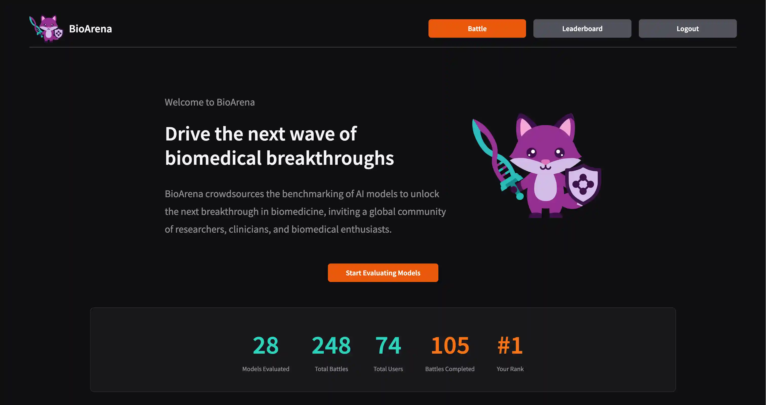 BioArena home page — logo, tagline, and community stats