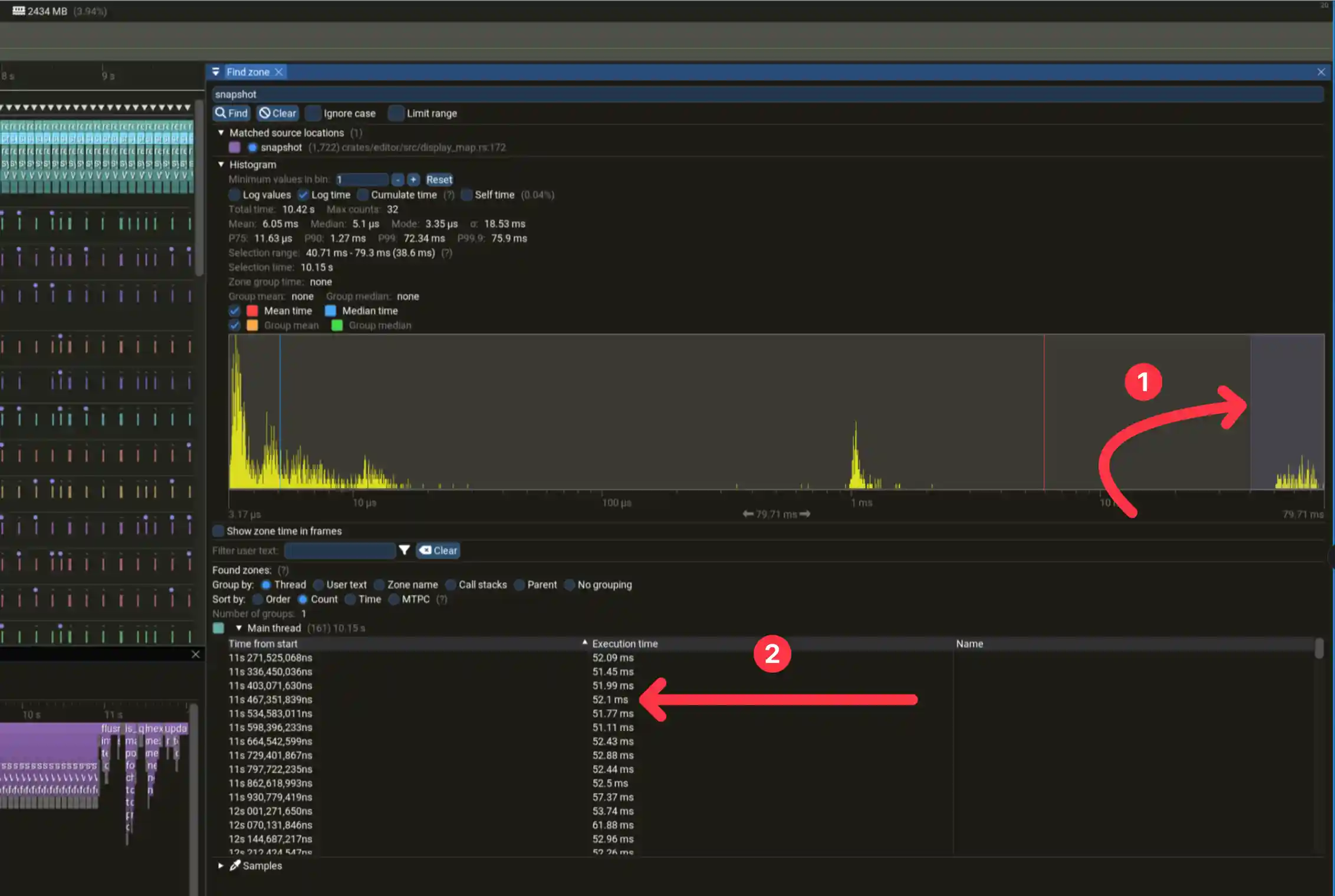 Select the tail calls in the histogram to filter down the list of calls then click on one call