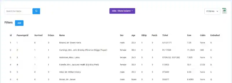 CSV File converted to a powerful server-side DataTable enhanced with search, filters, export.