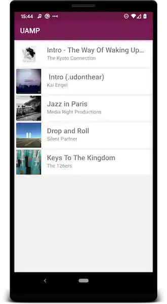 Browse albums screenshot Screenshot showing UAMP's UI for browsing albums and songs