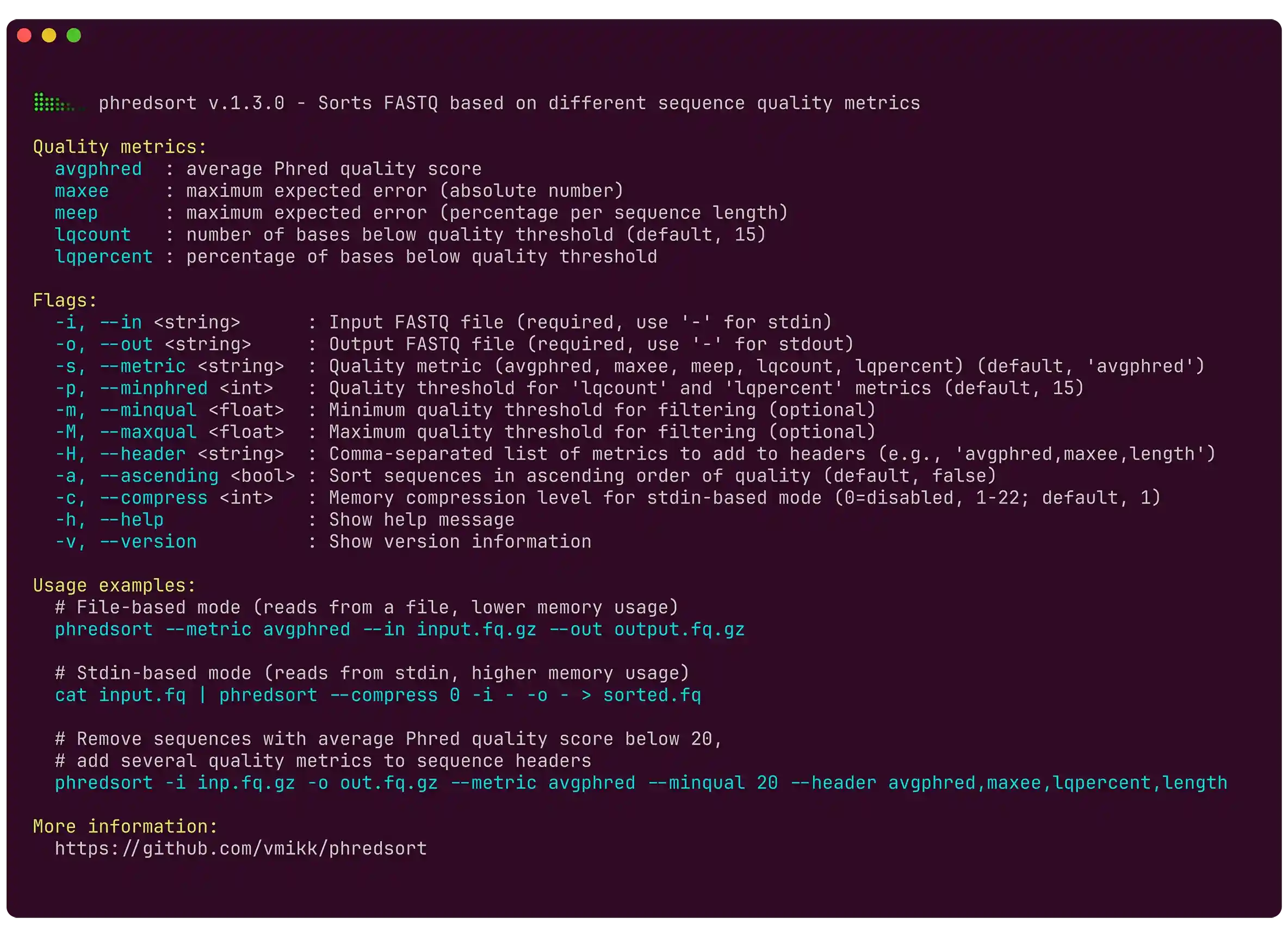phredsort help message