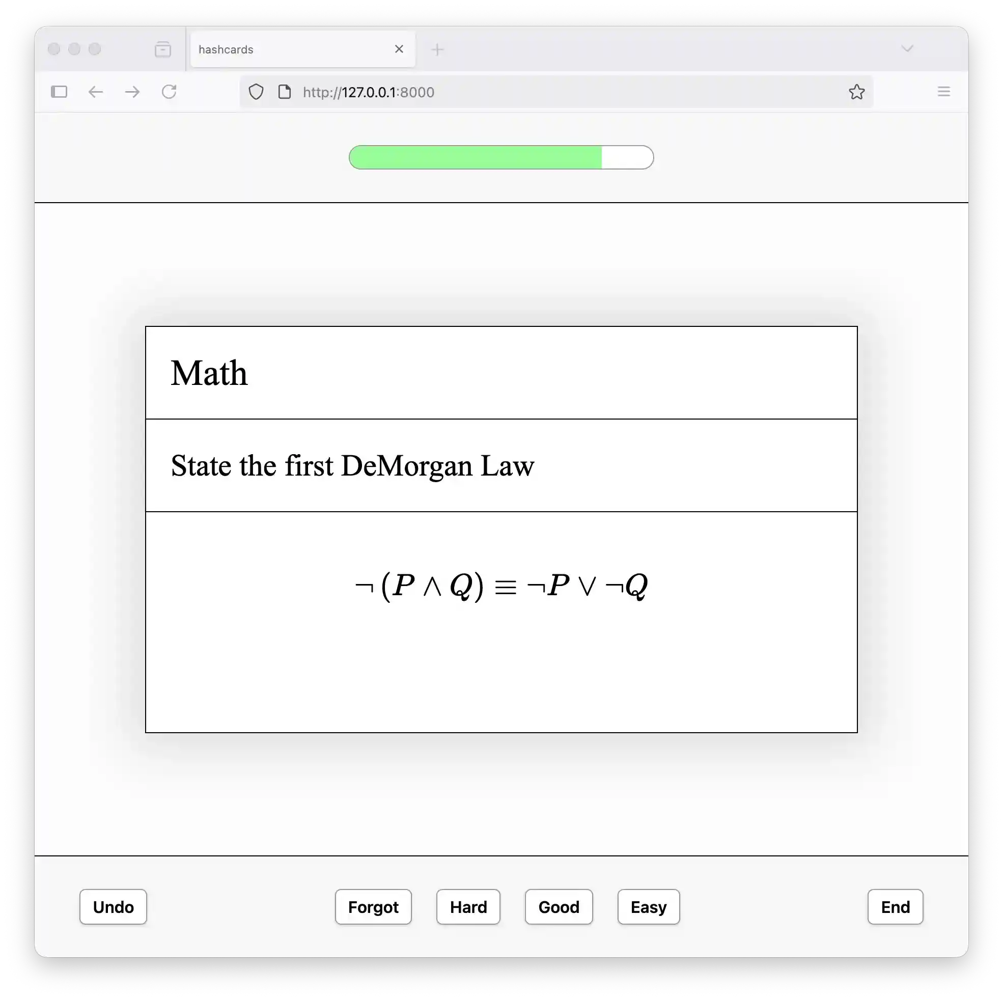 Screenshot of the app, showing a front/back flashcard.