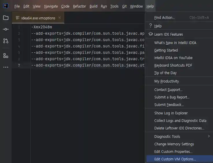 IntelliJ > Help > Edit Custom VM Options...