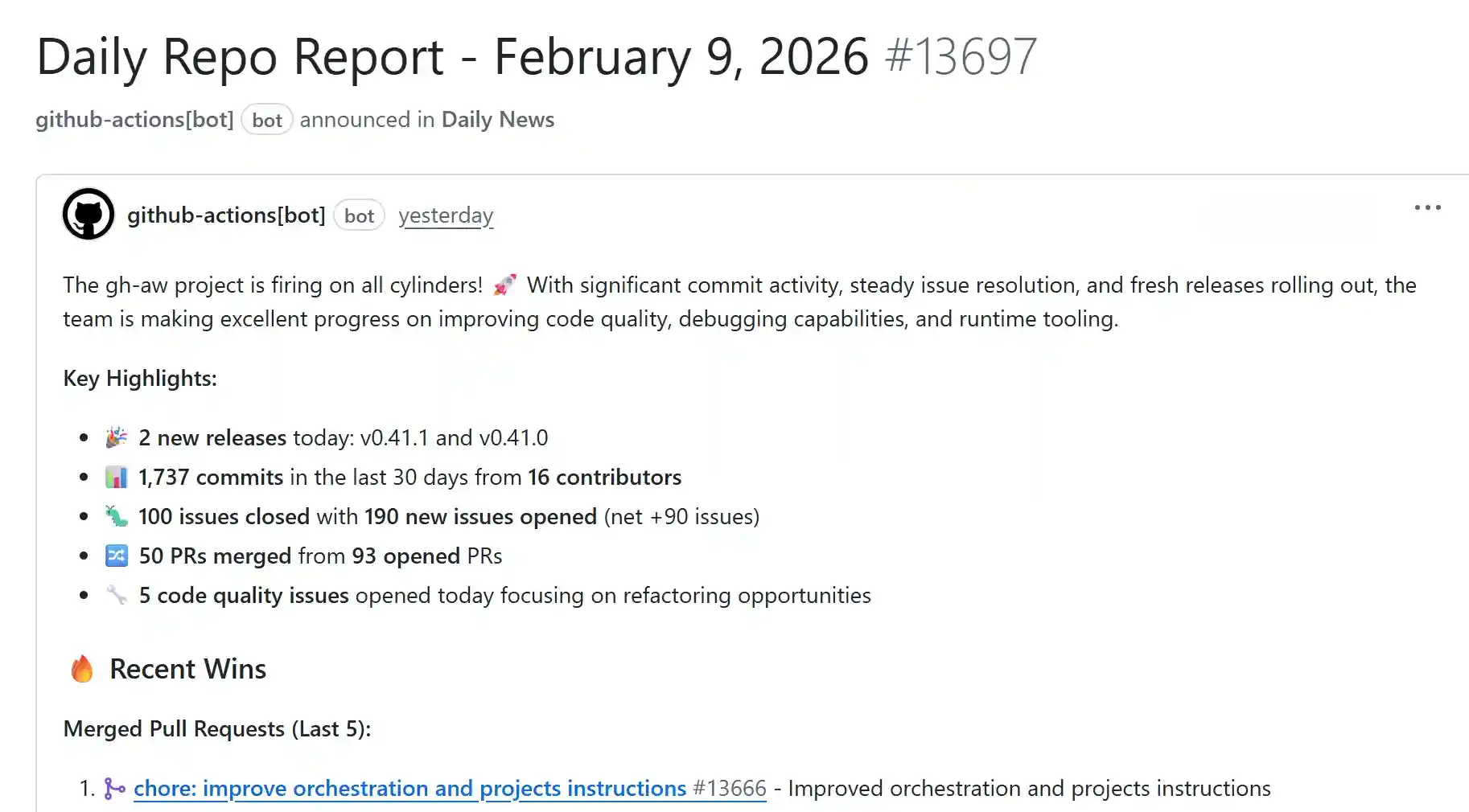Example of a Daily Repo Status Report issue created by the workflow