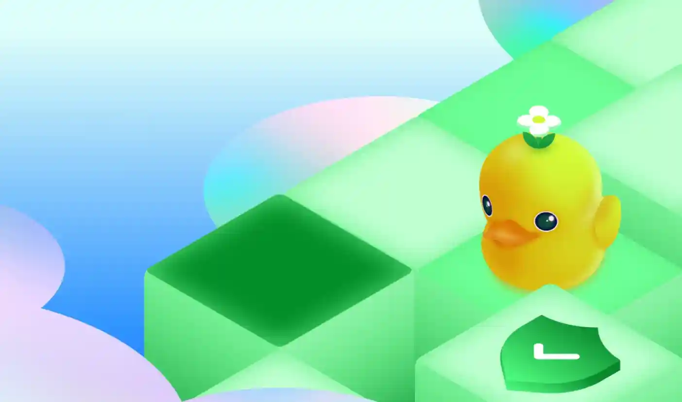 An illustration of a yellow duck that is jumping on cubes and clouds