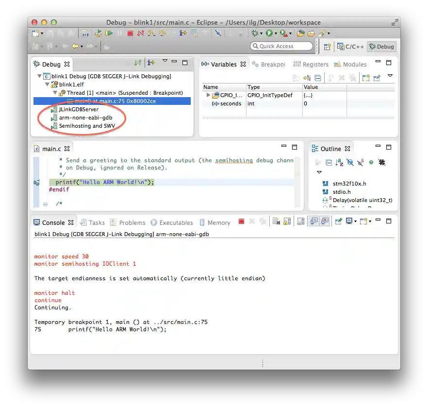 The new debug session, with three consoles