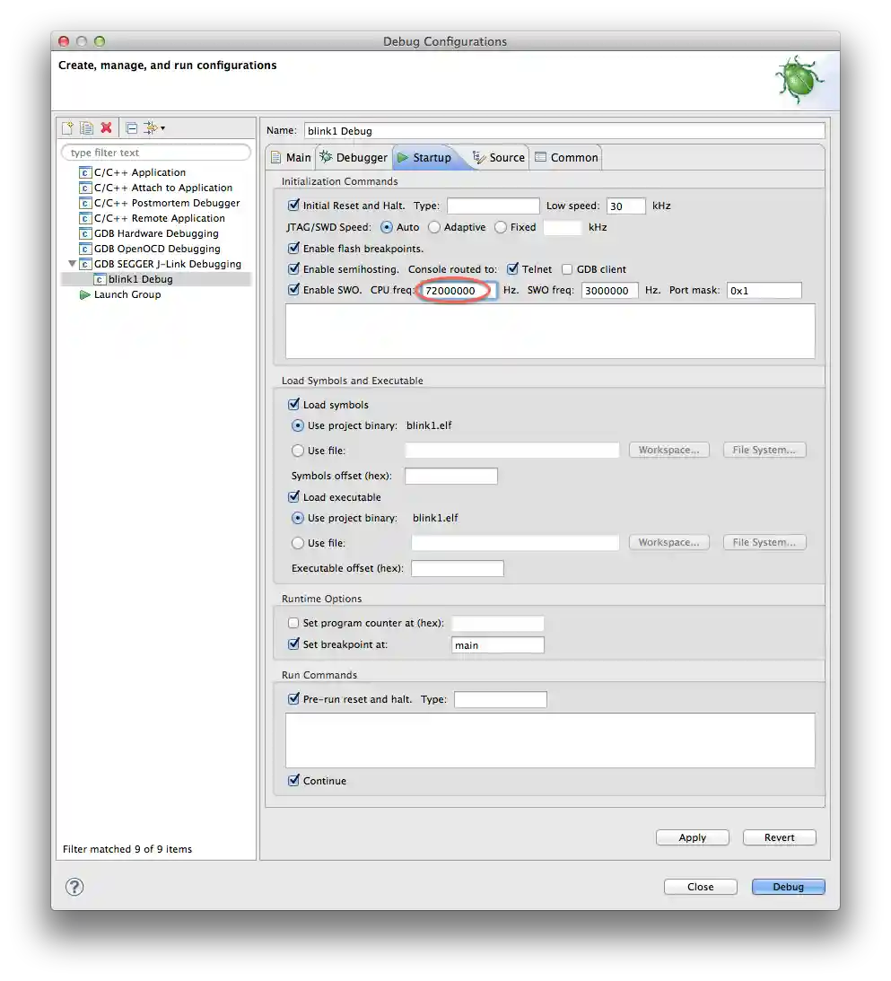The J-Link Startup tab
