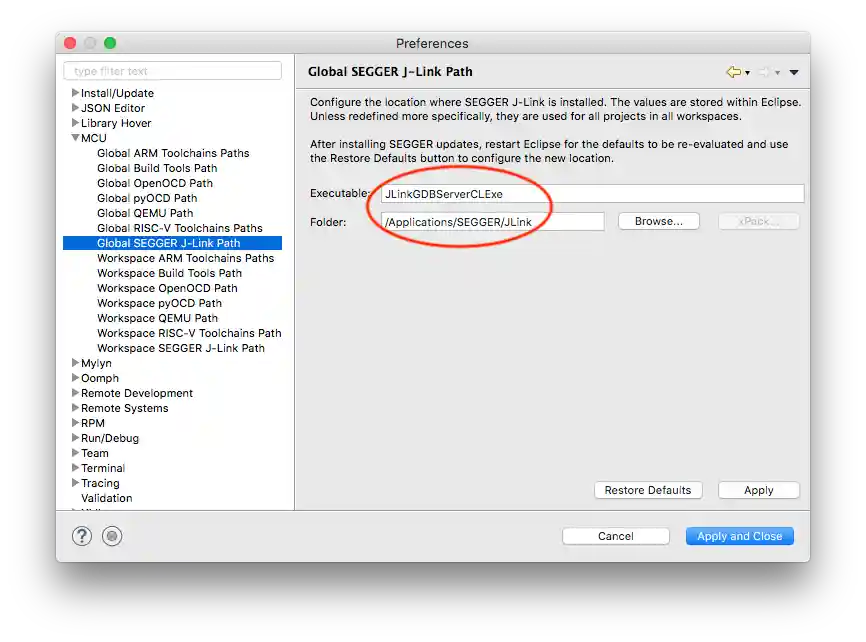 J-Link preferences page