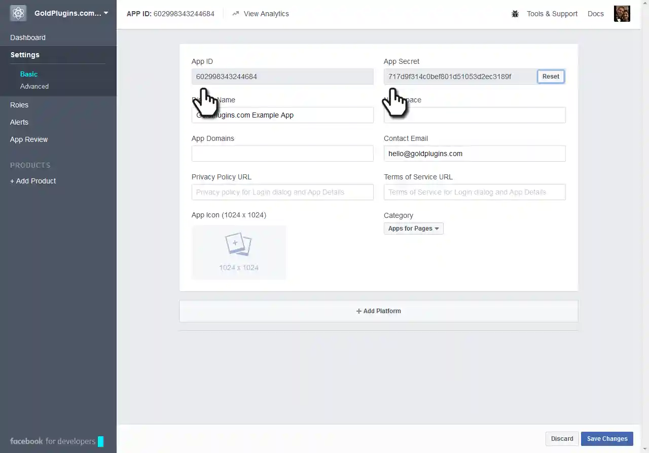 Screenshot of new App's Settings with Secret Key revealed.