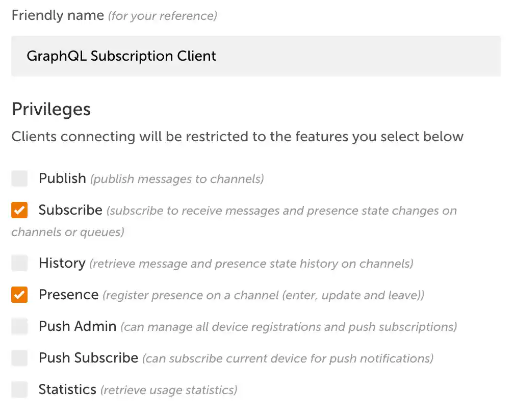 Ably Subscription Key Privileges