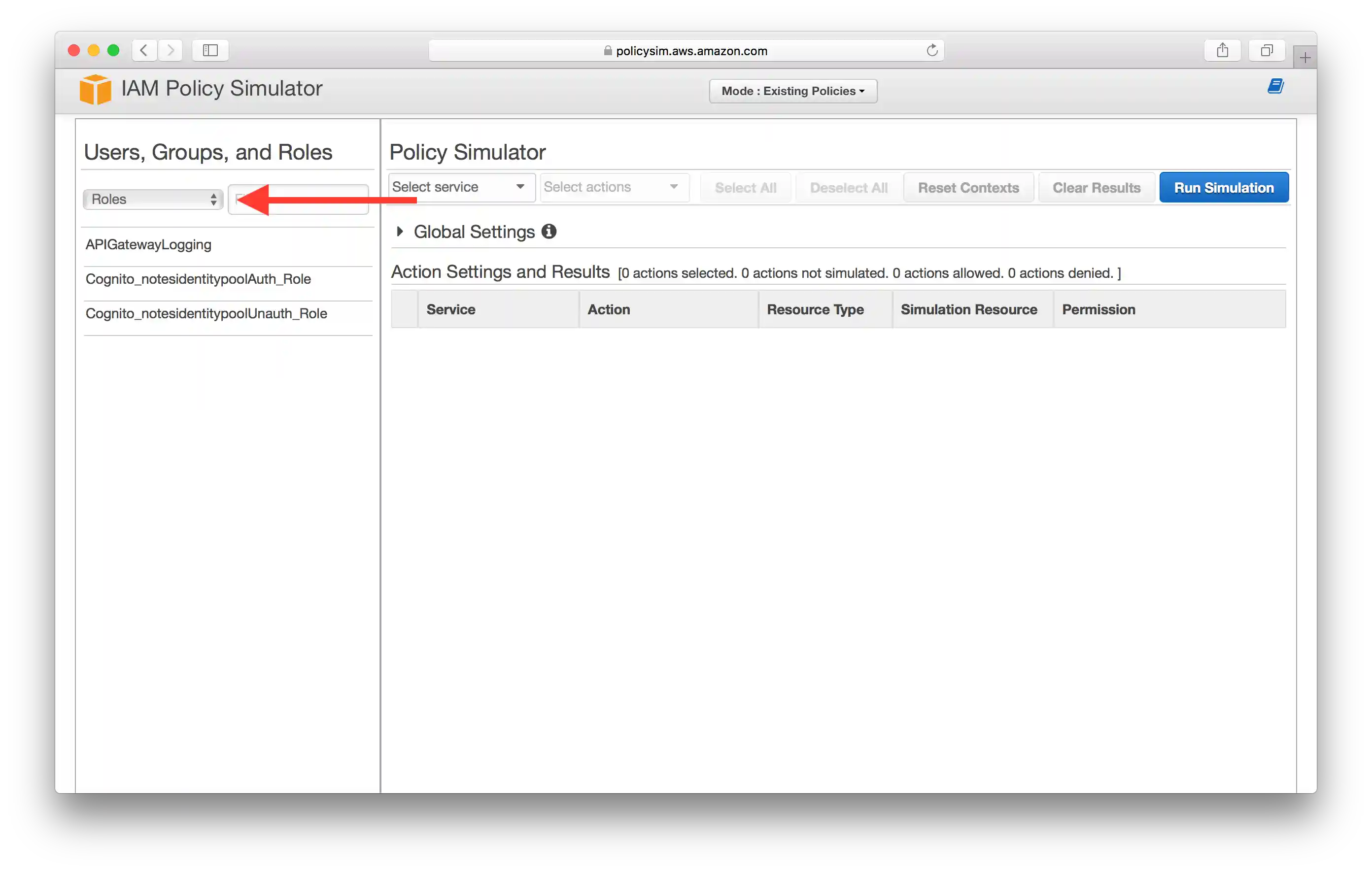 Select IAM Service Simulator Roles