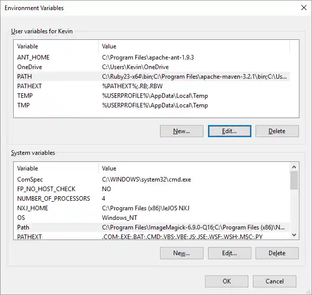 Environment Variables dialog