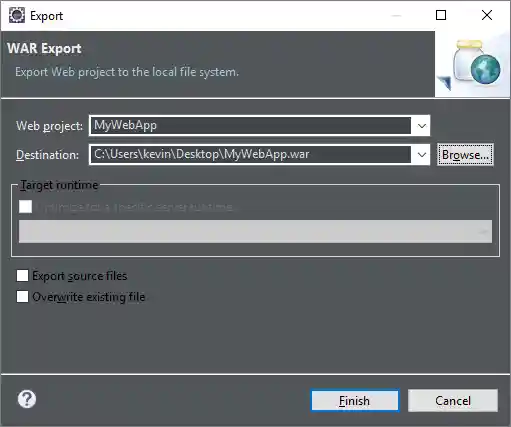 Eclipse WAR Export dialog
