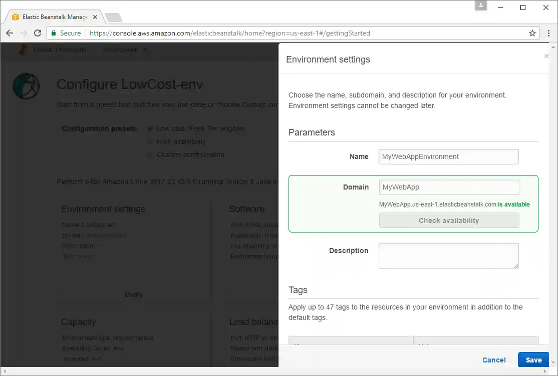 Elastic Beanstalk environment settings