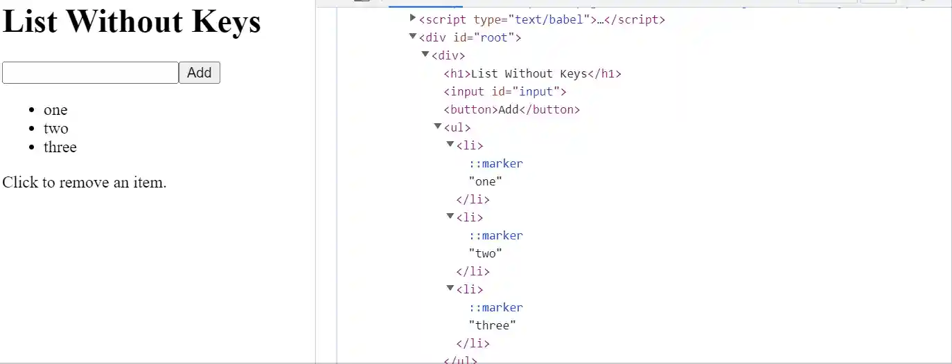 Animation showing the DOM changing as items are added and removed