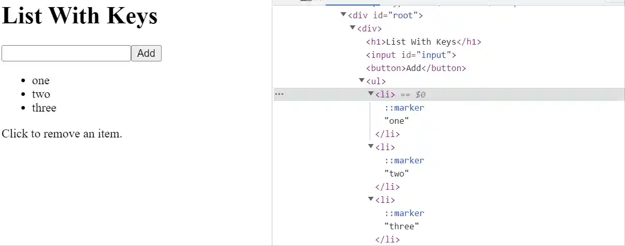 Animation showing only parts of the DOM changing as items are added and removed.