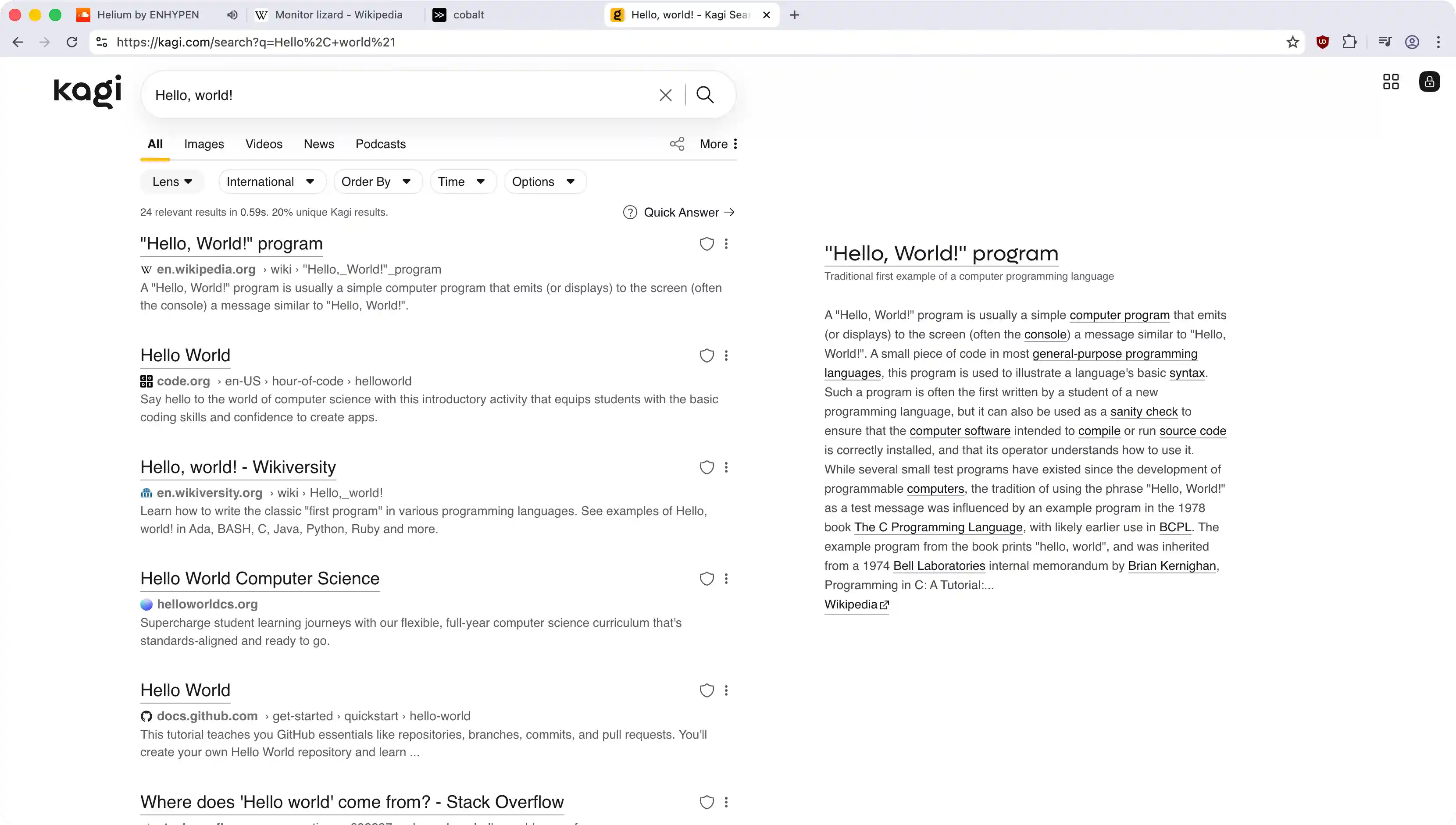 Screenshot of the Helium browser. The current tab is search for query 'Are lizards and dinosaurs related?'