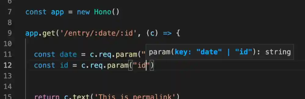 A screenshot showing Hono having proper literal typing when URL parameters. The URL "/entry/:date/:id" allows for request parameters to be "date" or "id"