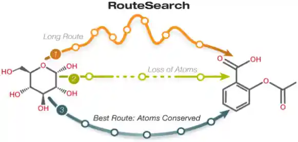 a schematic showing 3 hypothetical
				    routes from one compound to another, one
				    that is very long, one that is short but
				    most of the atoms from the starting compound
				    do not end up in the target compound, and
				    the best route, which is intermediate in
				    length but conserves the atoms in the
				    starting compound.