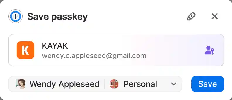 Saving a passkey using the 1Password browser extension.