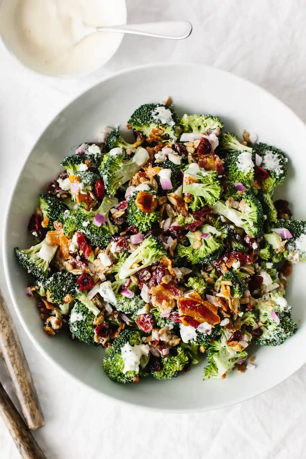 A large bowl of broccoli salad