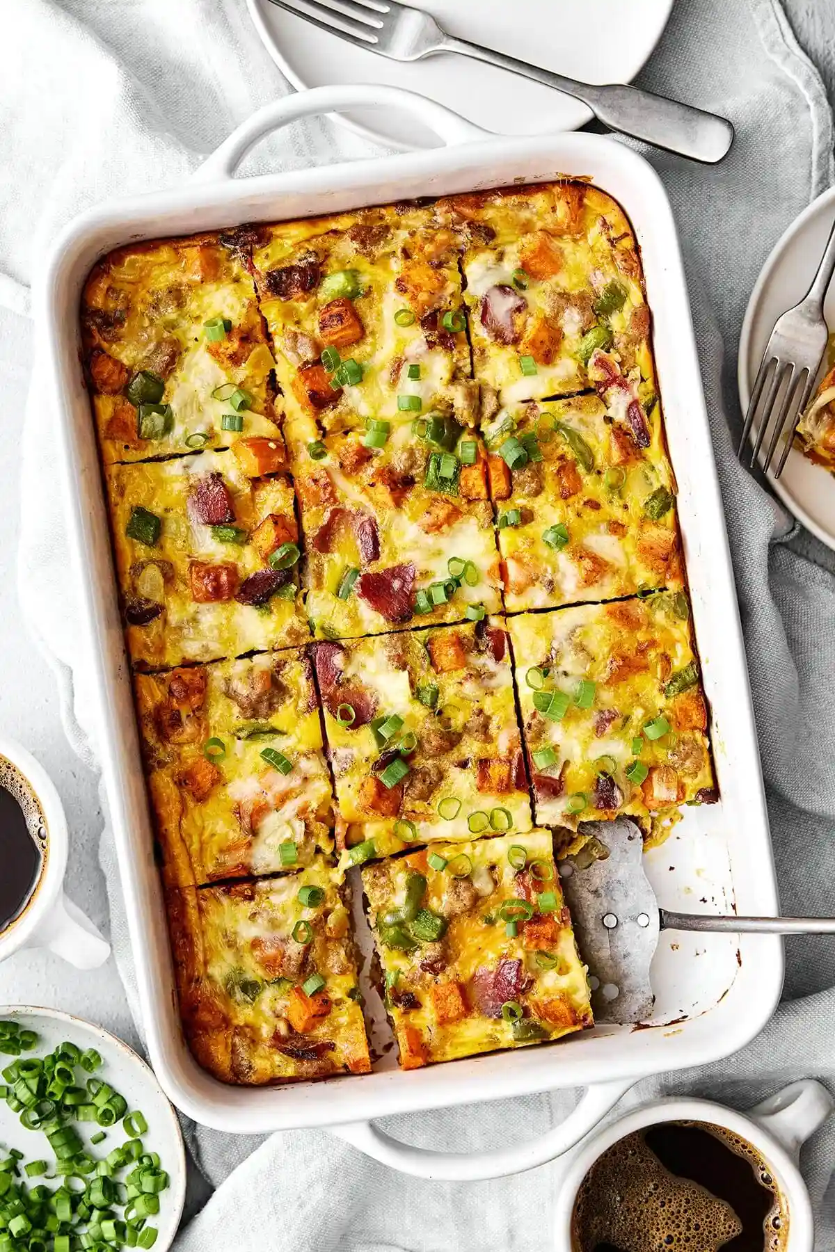 A baking dish with breakfast casserole.
