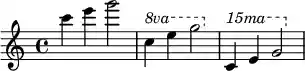 { \relative c''' { \clef treble \time 4/4 \key c \major c4 e g2 \ottava #1 c,4 e g2 \ottava #2 c,4 e g2 } }