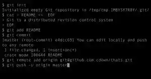 A command-line session showing repository creation, addition of a file, and remote synchronization