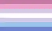 Bigender pride flag, made up of horizontal stripes of, from top to bottom, pink, light pink, lavender, white, light blue, and blue.