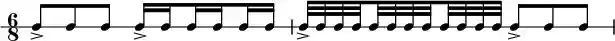 \new RhythmicStaff { \clef percussion \time 6/8 \set Score.tempoHideNote = ##t \tempo 4 = 80 c8-> c c c16-> \set stemRightBeamCount = #1 c \set stemLeftBeamCount = #1 c \set stemRightBeamCount = #1 c \set stemLeftBeamCount = #1 c c c32-> c c \set stemRightBeamCount = #1 c \set stemLeftBeamCount = #1 c c c \set stemRightBeamCount = #1 c \set stemLeftBeamCount = #1 c c c c c8-> c c }