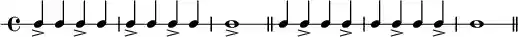 \new RhythmicStaff { \clef percussion \time 4/4 \set Score.tempoHideNote = ##t \tempo 4 = 100 c4-> c c-> c c-> c c-> c c1-> \bar "||" c4 c-> c c-> c c-> c c-> c1 \bar "||" }