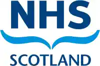 Large capital letters N H and S in dark blue on a white background, above a symbol which resembles a closing curly brace on its side. below this the word Scotland witten in dark blue capital letters.
