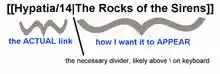 Simple image demonstrating how internal MediaWiki links work (that is, the order of the link's parts) when you want to create a link that displays words differently from the linked page's title: two opening square brackets, the ACTUAL link, a pipe character explained as the necessary divider, the words that are how I want it to APPEAR, and two closing square brackets.