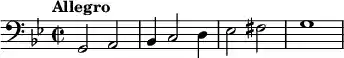 \relative c { \clef bass \time 2/2 \key g \minor \tempo "Allegro" g2 a bes4 c2 d4 es2 fis g1 }