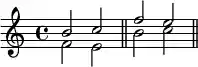 \new Staff << \new Voice \relative c' { \clef treble \key c \major \time 4/4 \stemUp b'2 c f e } \new Voice \relative c' { \clef treble \key c \major \time 4/4 \stemDown f2 e \bar "||" b' c \bar "||" } >>